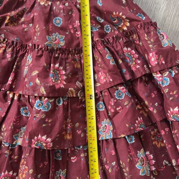 Vintage 1980s Kenzo floral tiered skirt Rich burgundy cotton with classic 80s - Picture 4 of 6